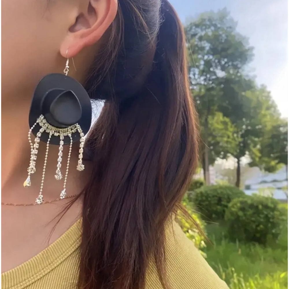 Black Cowboy Hat with Rhinestone Dangle Earrings